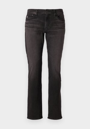 Črne jeans hlače s ravnim krojem, petimi žepi in gumbnim zapiranjem. Gladka tekstura z minimalnim zbledelostjo, brez vzorcev.