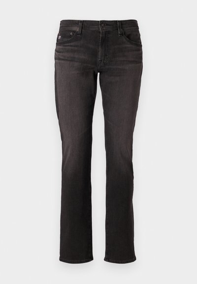 Blugi din denim negru cu un design drept, stil cu cinci buzunare și închidere cu nasture. Textură netedă cu o estompare minimă, fără modele.