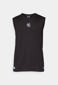 Sleeveless black tank top made from smooth fabric, featuring a white embroidered logo and a small logo tag on the hem.
