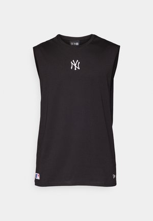 Sleeveless black tank top made from smooth fabric, featuring a white embroidered logo and a small logo tag on the hem.