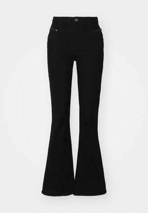 Black flared jeans with a high waist, featuring front pockets and zippered accents. Made of denim with a smooth texture.