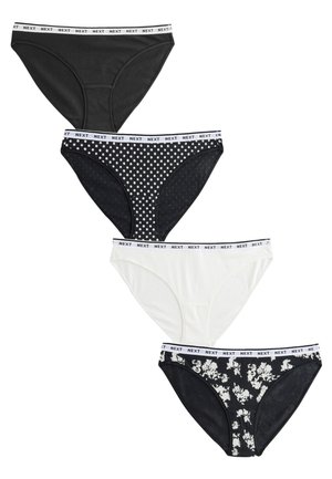 Quatre culottes pour femmes : deux unies noires, une blanche, et une noire à motif floral. Toutes disposent d'une ceinture blanche avec le logo "NEXT".