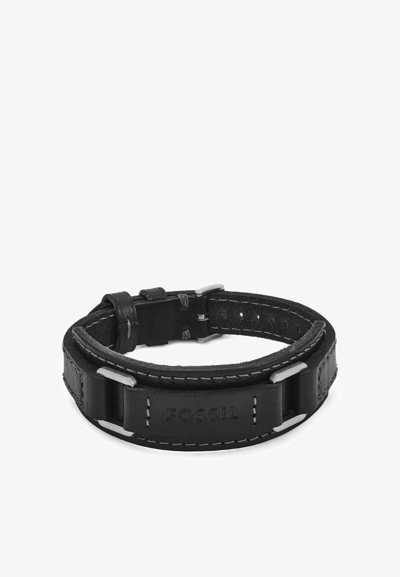 Bracelet de montre en cuir noir avec éléments en métal argenté, doté de détails de couture et du logo "FOSSIL" embossé, réglable avec une fermeture à boucle.