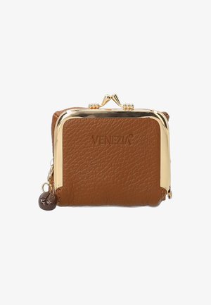 Braune Leder-Münzbörse mit einem goldenen Metallverschluss, strukturiertem Oberflächenmaterial, kleinen Charm-Detaillierungen an der Seite und geprägtem "VENEZIA"-Logo.