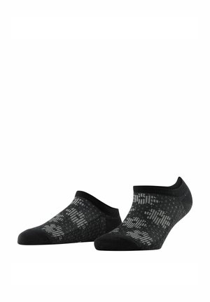 Paar schwarze, tief ausgeschnittene Socken mit grauen abstrakten Mustern auf weißem Hintergrund.