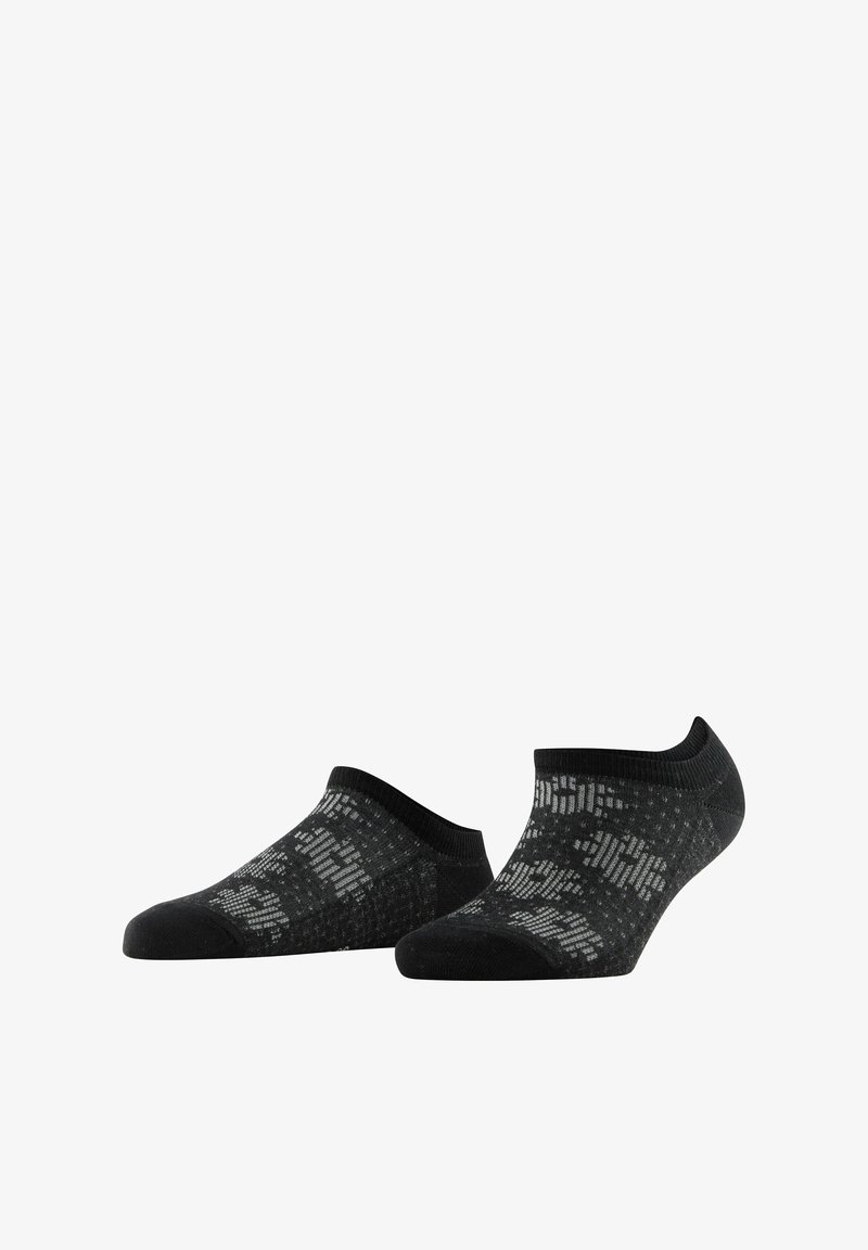Paire de chaussettes noires basses avec des motifs abstraits gris, présentées sur un fond blanc.
