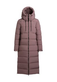 Pardoseala lungă de iarnă, de culoare mauve, umplută, cu glugă detașabilă, fermoar frontal complet și șnururi ajustabile la glugă și manșete.