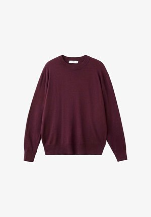 Svetr s dlouhým rukávem a kulatým výstřihem v tmavě burgundské barvě, s žebrovanými manžetami a lemováním, vystavený na bílém pozadí.