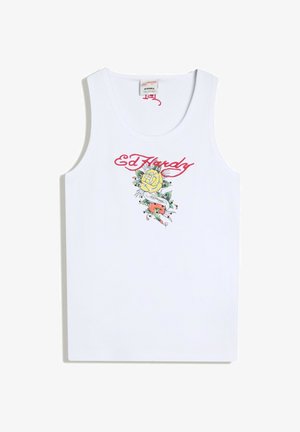 Débardeur blanc sans manches avec texte rouge "Ed Hardy" au-dessus d'une rose jaune et d'un motif style tatouage au centre devant.
