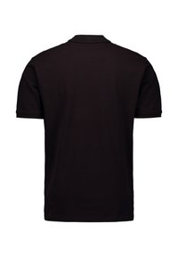 Zwarte polo met korte mouwen, gemaakt van een gladde stof. Beschikt over een klassieke kraag en een schone achterkant zonder zichtbare logo's of patronen.