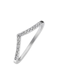 Silberring mit V-Form, besetzt mit mehreren kleinen klaren Steinen entlang einer Kante, mit einer glatten, polierten Oberfläche und einem schmalen Ringband.