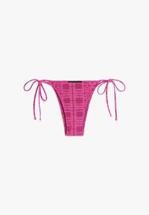 Rosa Bikini-Underteil mit verstellbaren Bändern, das ein strukturiertes Muster aufweist. Das Material ist glatt mit einem lebhaften, einfarbigen Design.