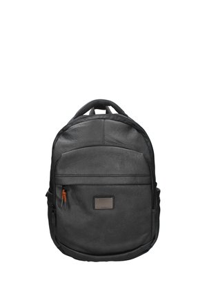 Black leather backpack with a front zip pocket, metal logo plate, and padded top handle, shown against a plain white background.