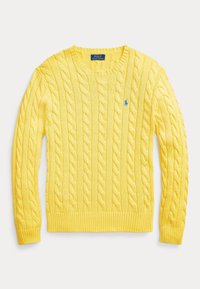 Suéter amarillo de punto trenzado con cuello redondo, puños y dobladillo acanalados, que presenta un pequeño logo azul en el lado izquierdo del pecho.