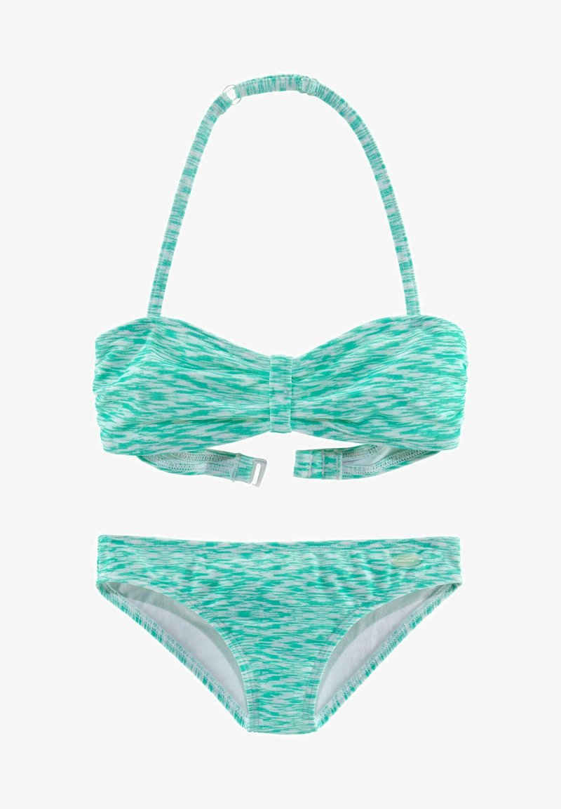 Türkises Bikini-Set mit strukturiertem Muster; trägerloses Oberteil mit Schleifendetail und verstellbaren Clips, kombiniert mit halbhohen Unterteilen.