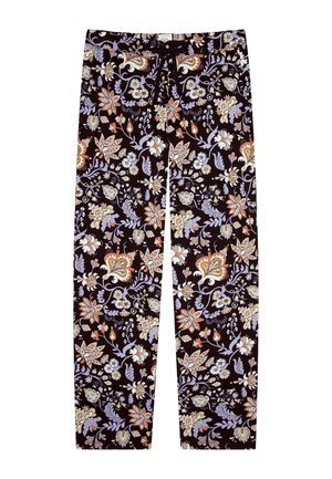 Pantalones de tela oscura con estampado floral en tonos de flores naranjas, blancas y moradas. Cuentan con cintura con cordón y corte recto.