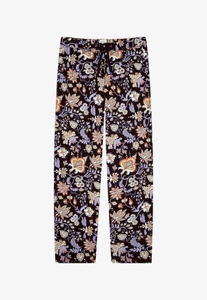 Floral-patterned, dark fabric trousers with a mix of orange, white, and purple flowers. Features a drawstring waist and straight-leg cut.
