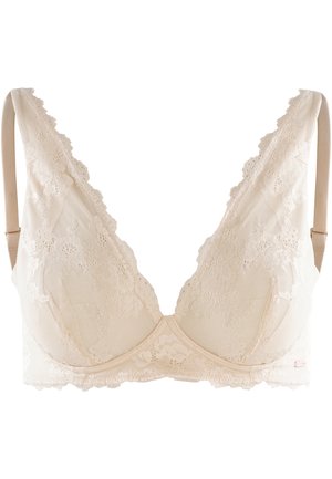 Beżowy koronkowy biustonosz typu bralette z głębokim dekoltem, delikatnymi kwiatowymi wzorami, regulowanymi ramiączkami oraz miękkim teksturowanym materiałem.