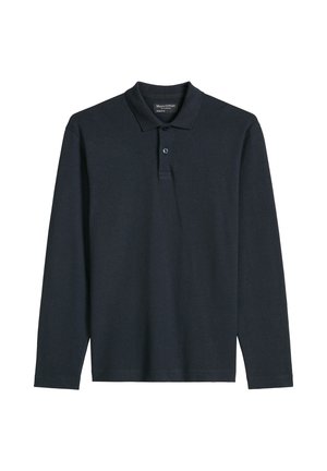 Zwart poloshirt met lange mouwen, twee knopen en een kraag, plat weergegeven tegen een witte achtergrond.