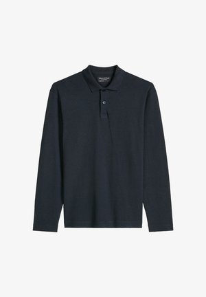 Zwart poloshirt met lange mouwen, twee knopen en een kraag, plat weergegeven tegen een witte achtergrond.