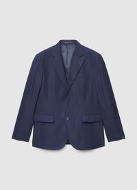 Blazer bleu marine en tissu texturé avec revers crantés, fermeture à un bouton, deux poches avant et une poche poitrine. Intérieur doublé.