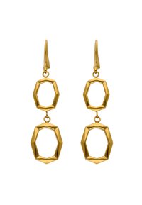 Kolczyki z metalu w kolorze złota, przedstawiające dwa zaz�ębiające się ośmiokątne kształty, z polerowanym wykończeniem i wiszącym wzorem.