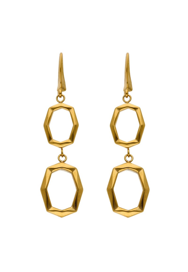 Kolczyki z metalu w kolorze złota, przedstawiające dwa zazębiające się ośmiokątne kształty, z polerowanym wykończeniem i wiszącym wzorem.