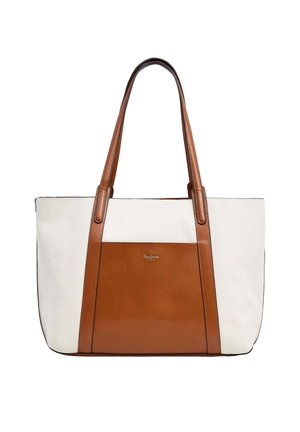 Valge ja pruun kandekott, millel on pikad pruunid nahast sangad ning esiküljel pruun nahast paneel väikese hõbedase logotekstiga.