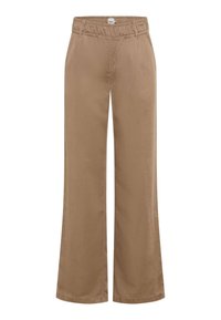 Weite Hosen in Hellbraun, aus weichem Stoff gefertigt. Mit einem elastischen Bund und dezenten Steppnähten. Glatte Textur auf ganzer Linie.