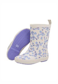 Bottes de pluie en caoutchouc à fleurs avec une base blanche ornée de fleurs bleues et de touches rouges. Semelle texturée violette avec une languette pour un enfilage facile.