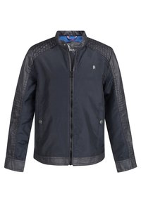 Tummansininen miesten takki, jossa on tikatut mustat nahkapaneelit hartioissa ja hihoissa, etuvetoketju ja napilliset sivutaskut.