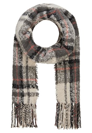 Écharpe en laine à carreaux gris, noir, crème et rouge avec des franges aux deux extrémités, roulée en forme circulaire au sommet.