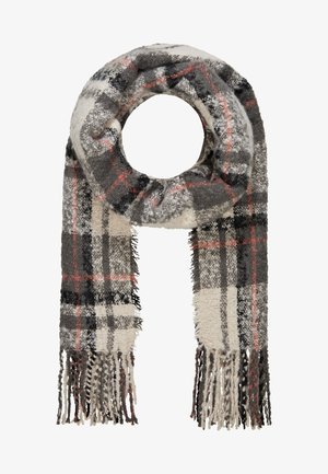 Écharpe en laine à carreaux gris, noir, crème et rouge avec des franges aux deux extrémités, roulée en forme circulaire au sommet.