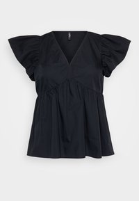 Black cotton top featuring a V-neck, short puff sleeves, and gathered detailing at the waist for a loose, flowing fit.