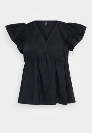 Haut en coton noir avec décolleté en V, manches courtes bouffantes et détails froncés à la taille pour un ajustement ample et fluide.