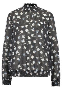 Czarna bluzka w kwiaty z długimi rękawami, marszczonym dekoltem i elastycznym paskiem w talii. Posiada wzór małych niebieskich i białych kwiatków na kropkowanym tle.