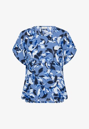 Floral print top in varying shades of blue, featuring a round neckline and short, loose sleeves. Material has a soft, lightweight texture.