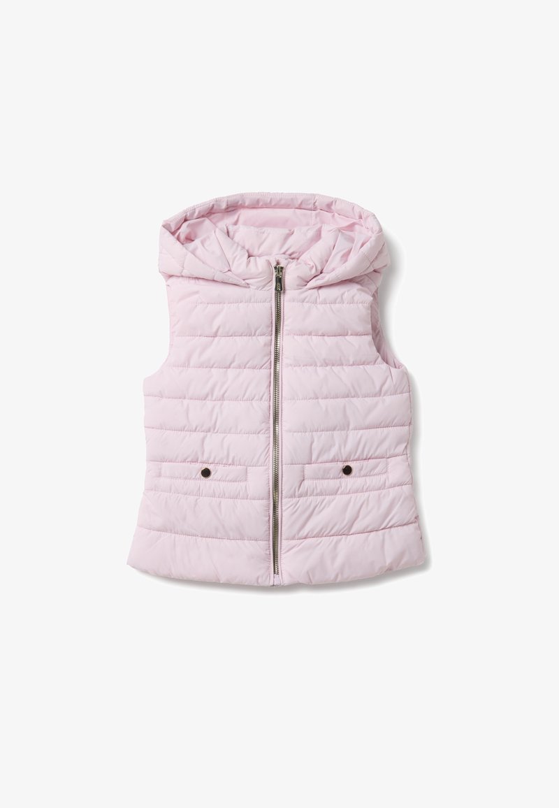 Veste matelassée sans manches rose clair avec capuche, fermeture éclair avant et deux poches à rabat boutonnées.
