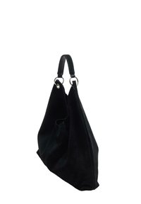 Sac en cuir suedé noir avec un design décontracté, des anneaux en métal argenté et une seule poignée supérieure pour le porter. Texture douce et intérieur spacieux.