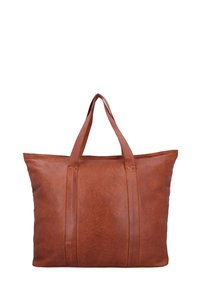 Ruda odinė tote krepšys su dviem tvirtais rankenomis, paprasta stačiakampio forma, tekstūruotas paviršius ir minimalūs siūlių detalės.