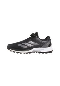 Black Adidas Adizero running shoe with white sole, silver stripes, and a dial lacing system, shown in left side profile.