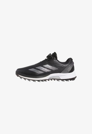 Crne Adidas Adizero tenisice za trčanje s bijelim potplatom, srebrnim prugama i sustavom vezanja na kotačić, prikazane s lijeve strane.