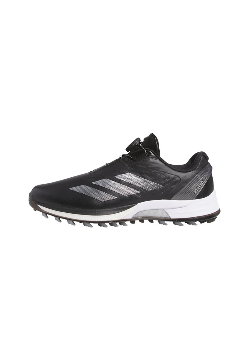 Black Adidas Adizero running shoe with white sole, silver stripes, and a dial lacing system, shown in left side profile.