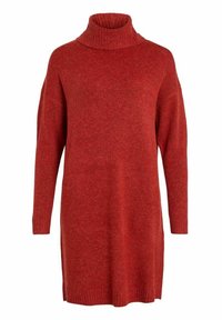 Robe-pull rouge en maille avec un col roulé haut, des manches longues et une coupe décontractée. Texture douce avec des finitions côtelées au niveau du col et des poignets.