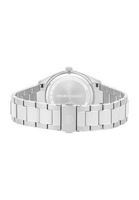 RVS horloge met een gepolijste afwerking, schakelarmband en een ronde kast. Gegraveerde achterkant met de merknaam en de tekst 'All Stainless Steel'.