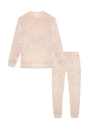 Light pink loungewear set featuring a long-sleeve top and pants with a subtle, textured zebra pattern and ribbed cuffs at sleeves and ankles.