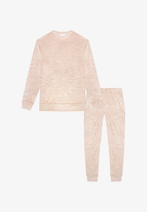 Light pink loungewear set featuring a long-sleeve top and pants with a subtle, textured zebra pattern and ribbed cuffs at sleeves and ankles.