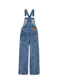 Pajaritas de mezclilla con piernas anchas y rectas, en un color azul claro, con múltiples bolsillos y un patrón circular en toda la prenda. Etiqueta de cuero marrón en la parte posterior.