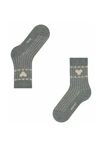 Graue Socken mit einem gestrickten Herzmuster in Beige, ausgestattet mit einem einfarbigen Bündchen und Strukturvariationen. Markenlogo in der Nähe der Zehenpartie angebracht.