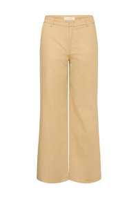 Pantalons beige à taille large en coton, avec une fermeture à bouton à l'avant, des passes-bijoux et des poches latérales. Texture lisse avec une coupe décontractée.